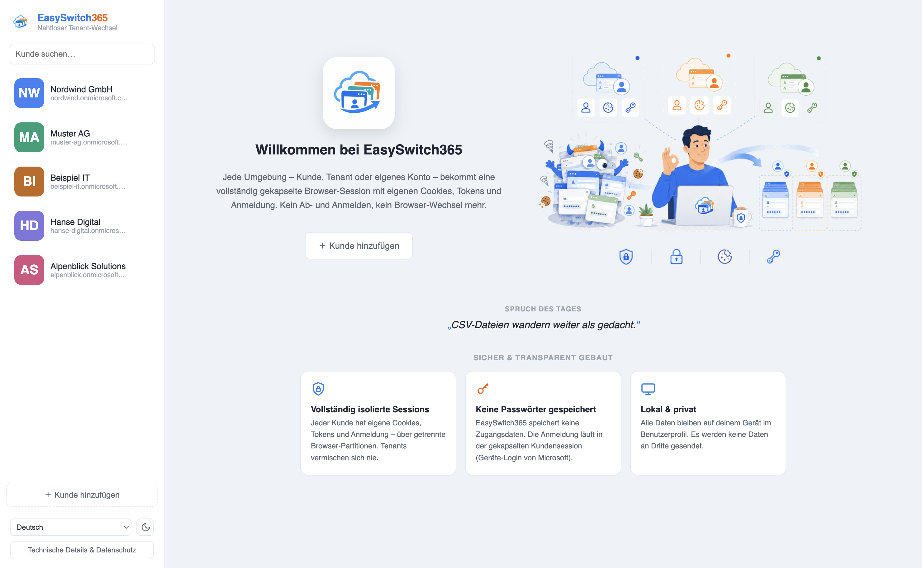 EasySwitch365 – Übersicht mit isolierten Kunden-Sessions